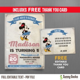 Minnie Mouse Vintage Style 5x7 in. Birthday Party Invitation - with FREE editable Thank you Card - Edit with Adobe Reader